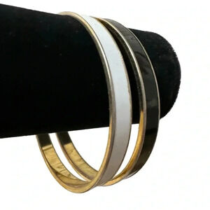 Set Of 2 Vintage MONET Signed Gold Tone White Black Slender Bangle Bracelets